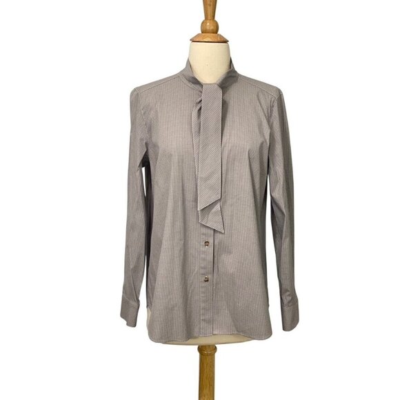 Lafayette 148 Tie Collar Shirt Button Down Cotton Blend Stretch Size M Brown Blk - Picture 1 of 8